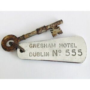Rare Gresham Hotel Dublin Room Key & Fob #555 Historic Ireland Skeleton Key